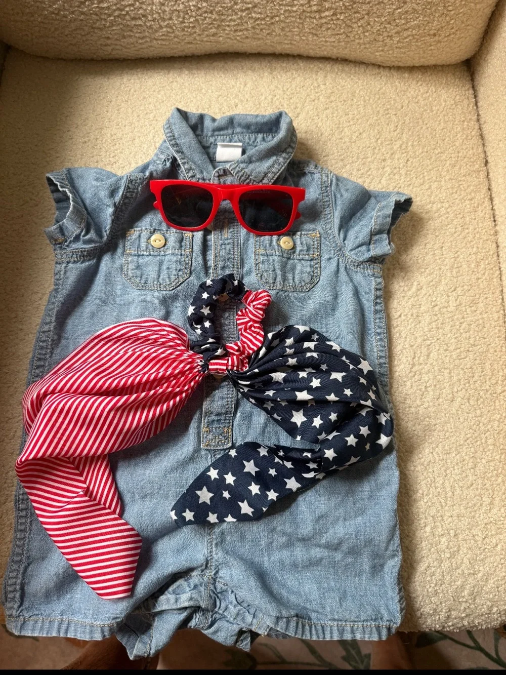 GAP Kids jumpsuit, Red Sunglasses with Stars & Stripes Hair Scarf Set